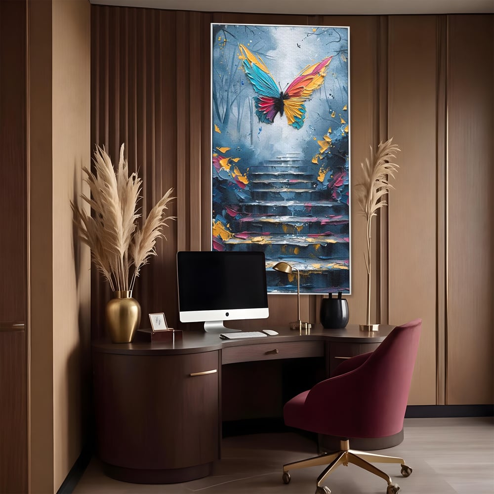 Tablou canvas cu tablou canvas cu fluture multicolor si scari, in rama de aluminiu argintiu, pe perete intr-un birou